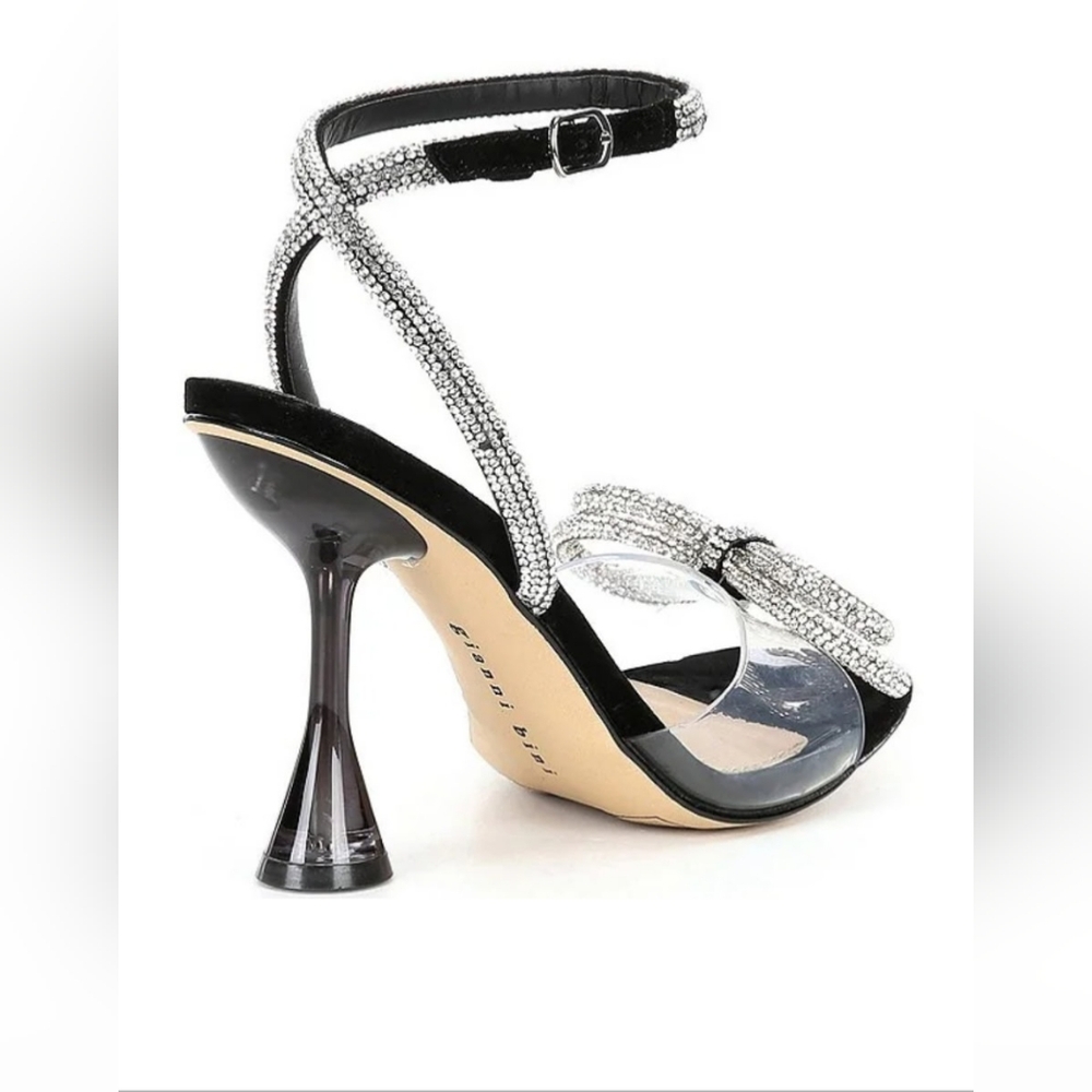 Black and Silver Sculptural Heels with Rhinestone Straps